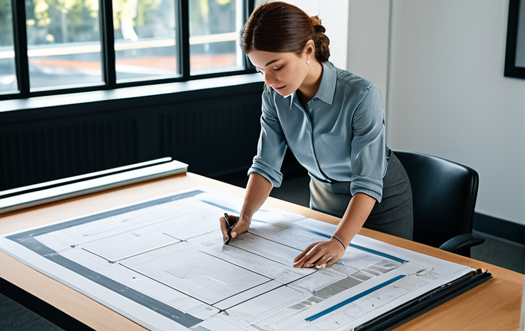 Modern Architect**

"A professional female architect in a modest, stylish office outfit, reviewing blueprints on a large drafting table in a sunlit modern office. Fully clothed, appropriate attire, safe for work, perfect anatomy, natural proportions, professional photography, high resolution."

**
