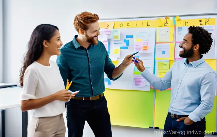 시각적 사고 활성화를 위한 팀 빌딩 활동 - **Prompt:** "A vibrant, collaborative team brainstorming session in a modern, brightly lit office. A...