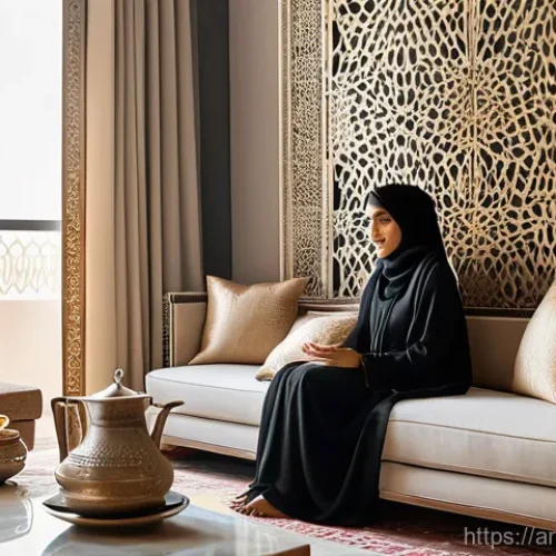Home 28 시각적 사고를 활용한 마케팅 전략 - **Prompt: A serene and inviting living room in a modern Arab home, bathed in warm, soft morning ligh...