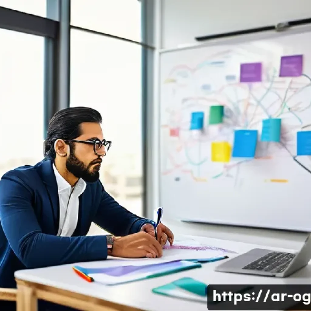 시각적 사고 개발을 위한 실험적 접근법 - A professional Arab man sitting at a modern desk in a bright office, deeply focused on creating a co...