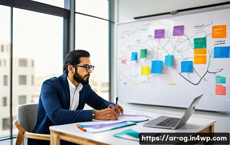 시각적 사고 개발을 위한 실험적 접근법 - A professional Arab man sitting at a modern desk in a bright office, deeply focused on creating a co...