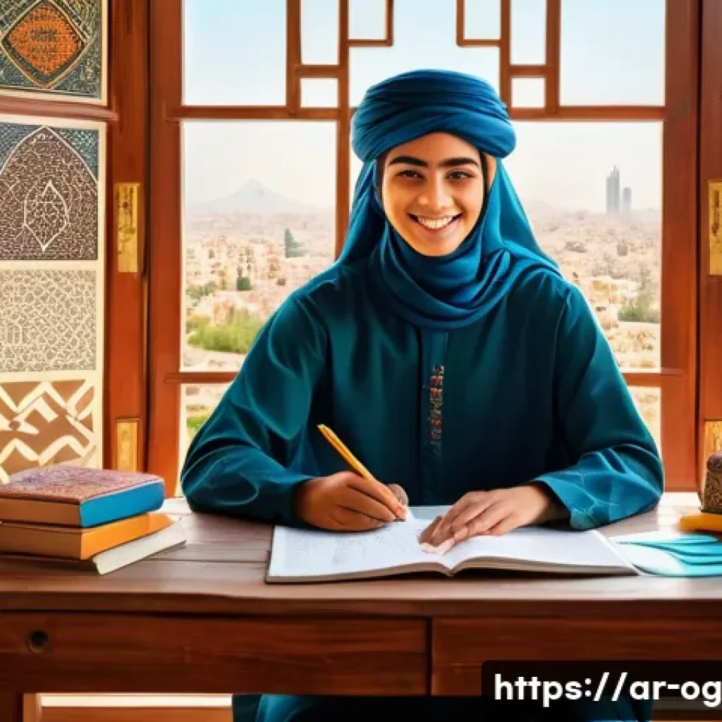 시각적 사고의 심리적 효과 - A vibrant, detailed illustration of an Arabic student sitting at a traditional wooden desk in a sunl...