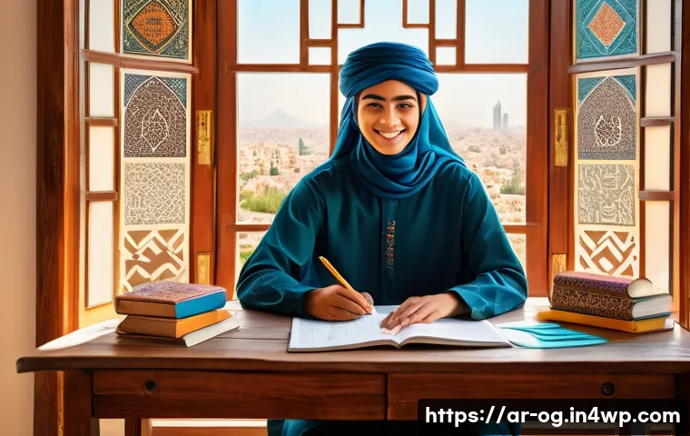 시각적 사고의 심리적 효과 - A vibrant, detailed illustration of an Arabic student sitting at a traditional wooden desk in a sunl...