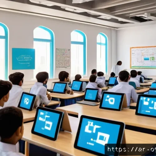 Home 13 시각적 사고 개발을 위한 멘토링 프로그램 - A modern, vibrant digital classroom scene with Arab students actively using smart guidance software ...