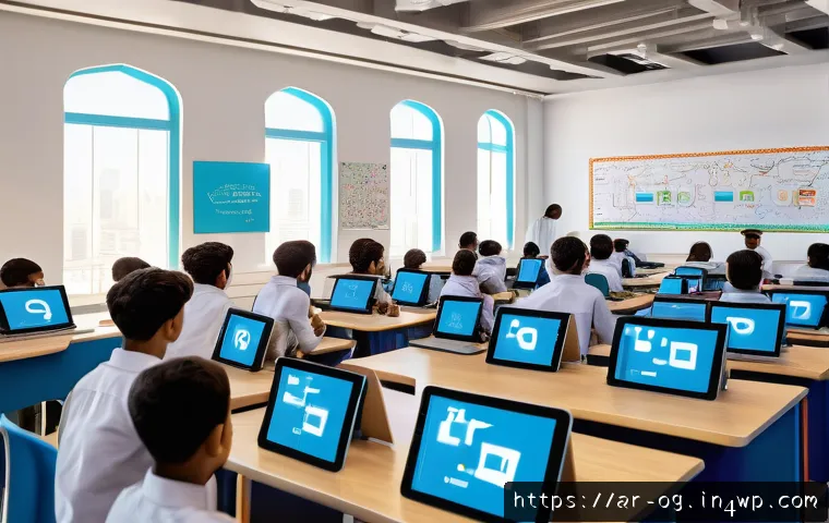 시각적 사고 개발을 위한 멘토링 프로그램 - A modern, vibrant digital classroom scene with Arab students actively using smart guidance software ...