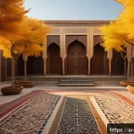 시각적 사고 훈련을 위한 연습문제 - A detailed scene of an Arabic garden during a peaceful walk, focusing on vibrant fall leaves with in...