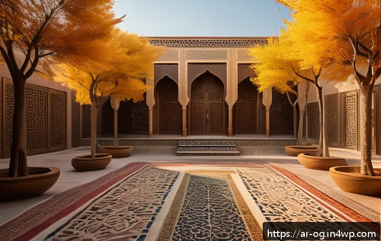 시각적 사고 훈련을 위한 연습문제 - A detailed scene of an Arabic garden during a peaceful walk, focusing on vibrant fall leaves with in...