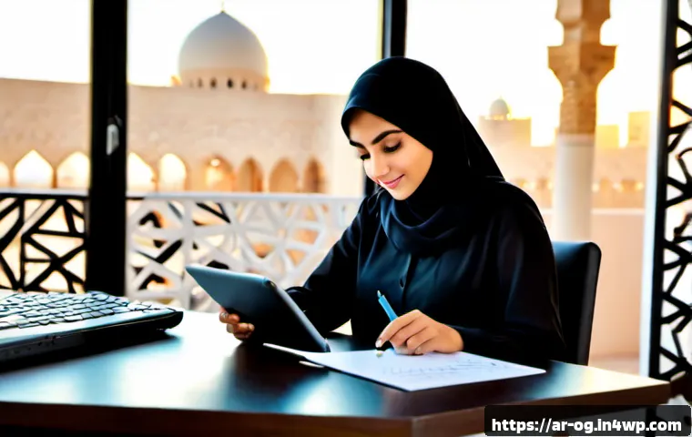 시각적 사고와 기술의 융합 - Photorealistic modern creative workspace in a Gulf Arab city, an Arab woman in modest professional a...