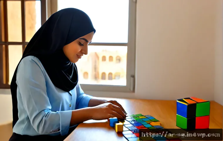 시각적 사고와 인지 심리학 - Photorealistic cognitive psychology study scene in a sunlit modern Arab home office, an Arab woman i...