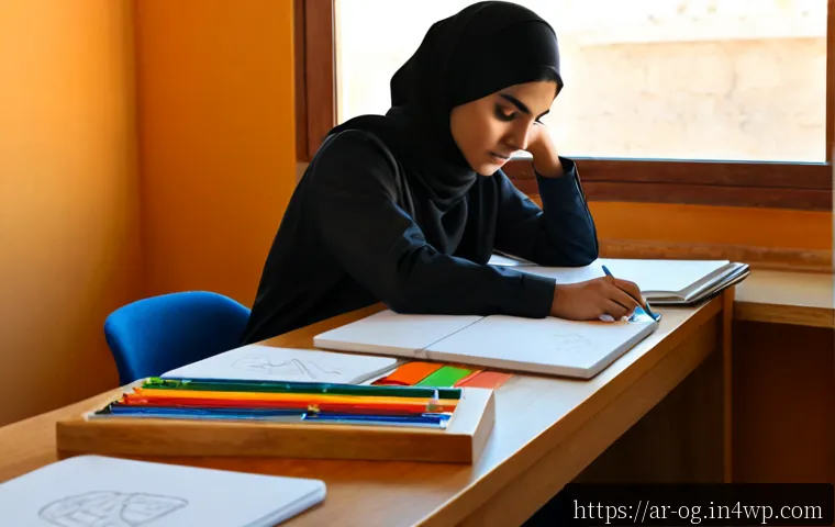 시각적 사고 연습을 위한 사례 연구 - Photorealistic case study scene of an Arab university student practicing visual thinking at a clean ...