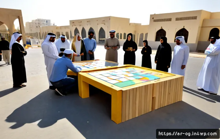 시각적 사고를 통한 사회적 문제 해결 방안 - Photorealistic community problem-solving workshop in a modern Gulf Arab neighborhood center, diverse...