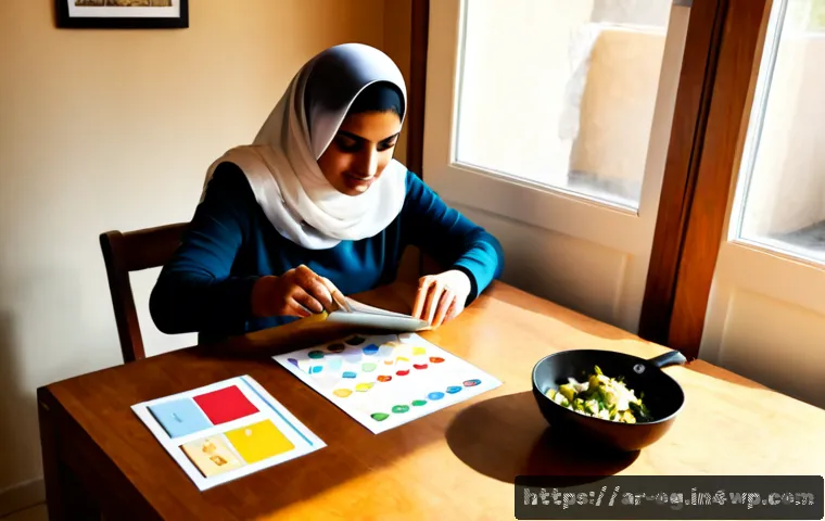 시각적 사고를 위한 실생활 적용 사례 - Photorealistic Middle Eastern woman in modest contemporary clothing organizing a family weekly meal ...